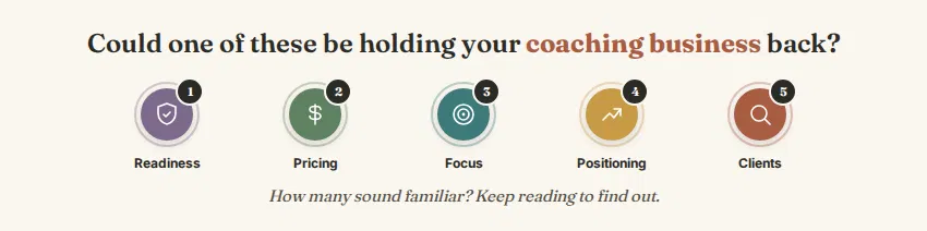 Could one of these be holding your coaching business back? Five challenges: readiness, pricing, focus, positioning, and clients.