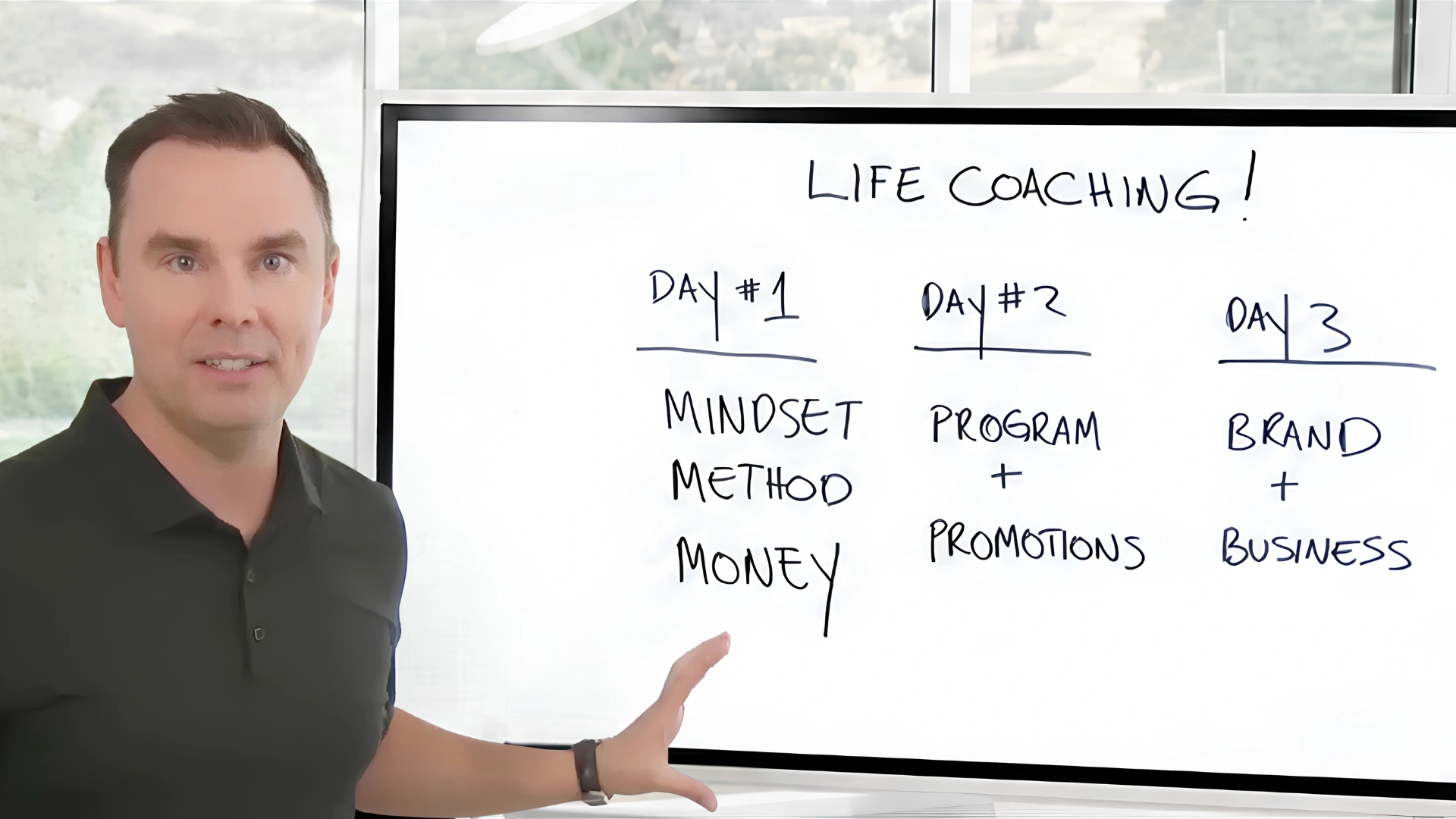 Brendon Burchard outlining the Life Coaching Class curriculum on a whiteboard