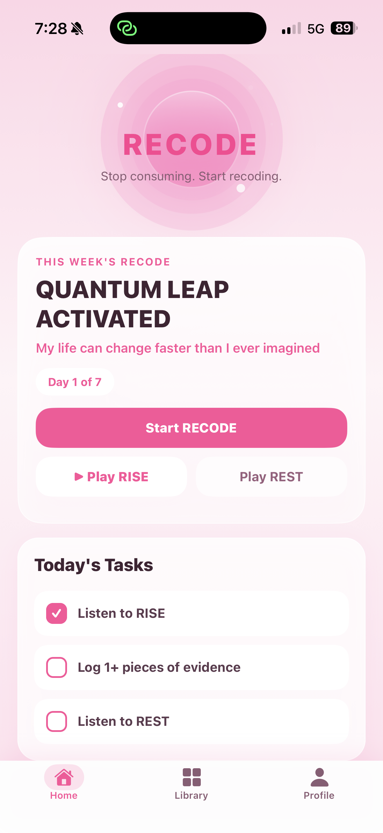 RECODE app home screen