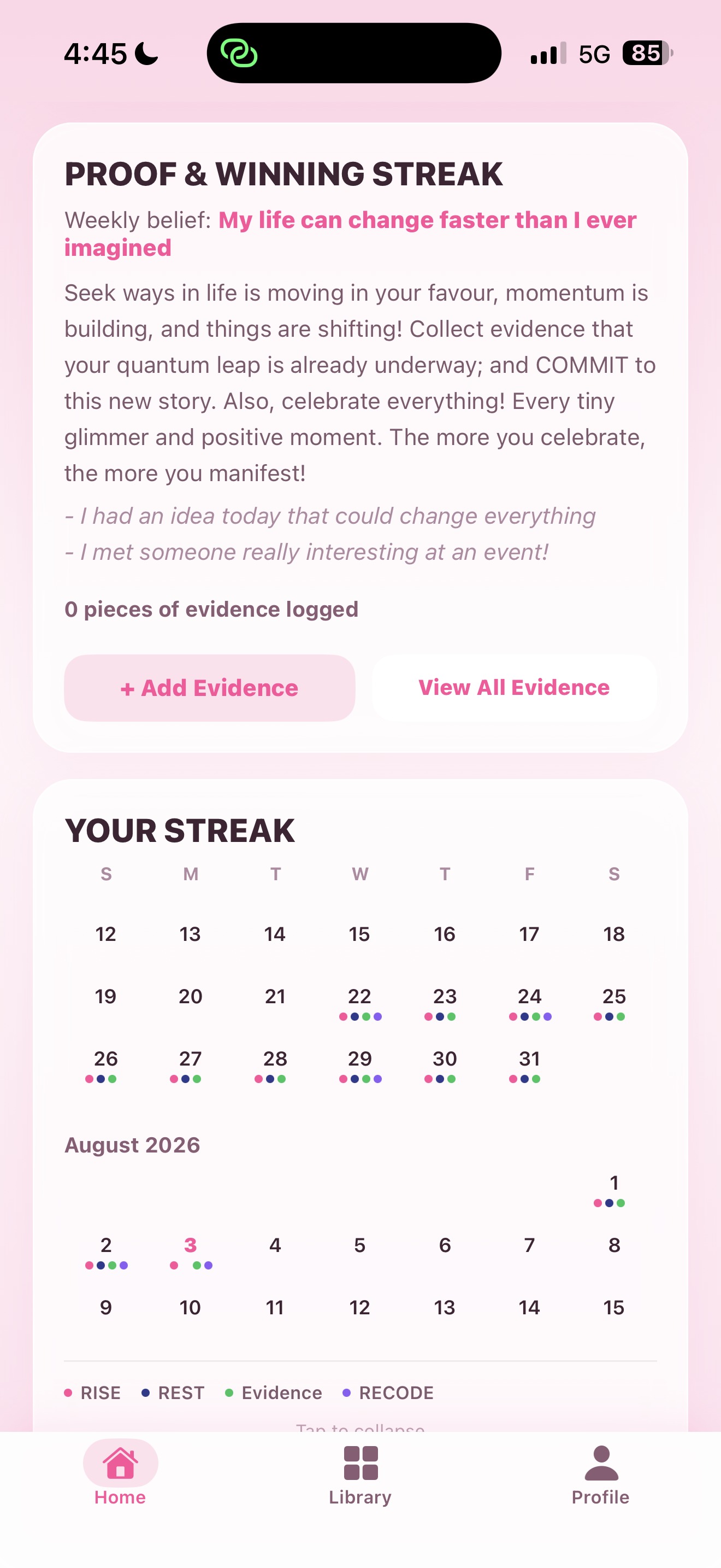 RECODE habit tracker showing proof, winning streak, and weekly calendar