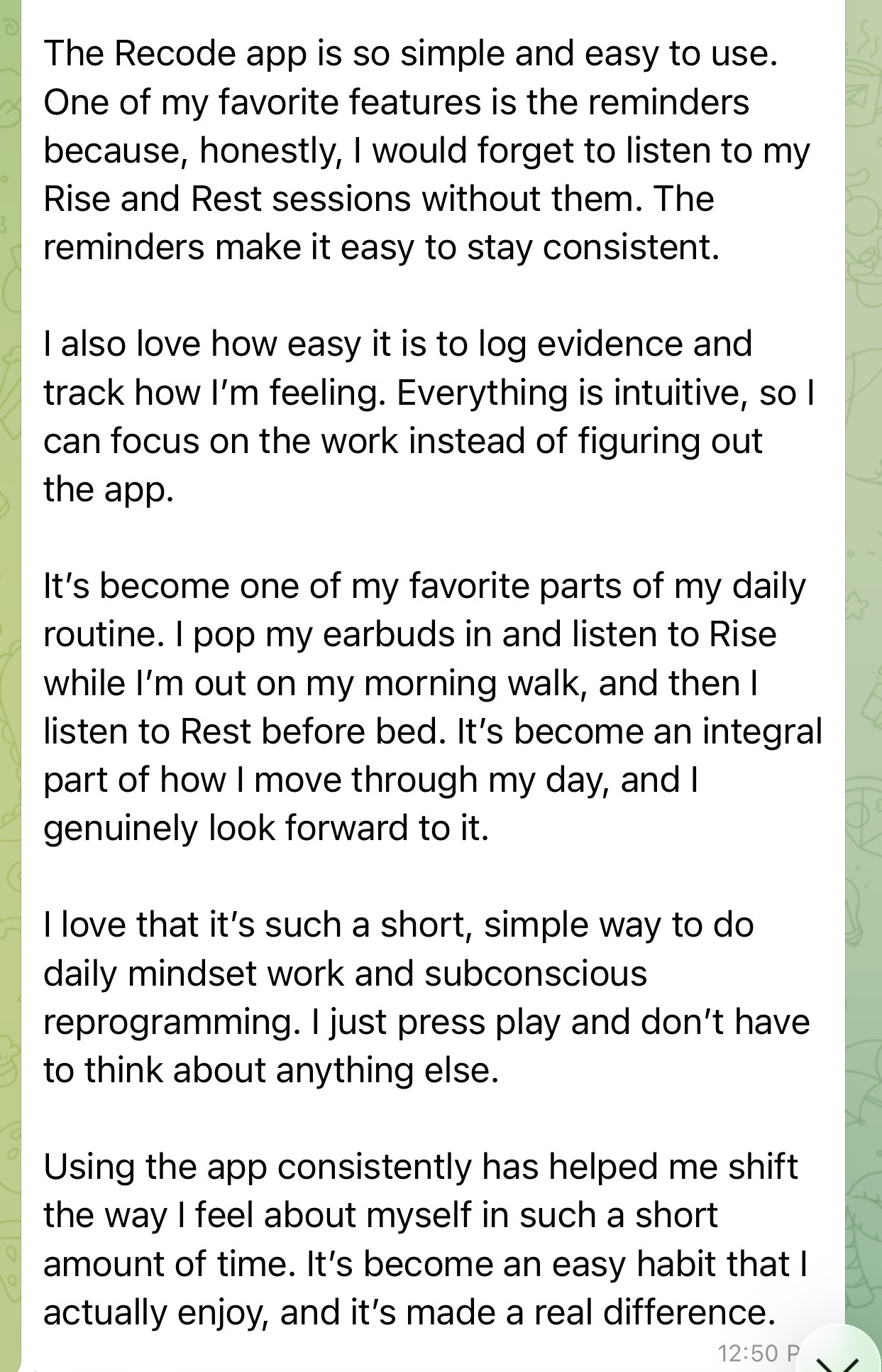 RECODE testimonial screenshot