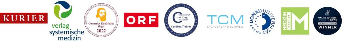Kurier, Verlag Systemische Medizin, Comenius EduMedia Siegel 2022, ORF, International Coaching Association, TCM Fachverband Schweiz, Donau-Universit&auml;t Krems, Medizin Popul&auml;r, Online Business Award 2023