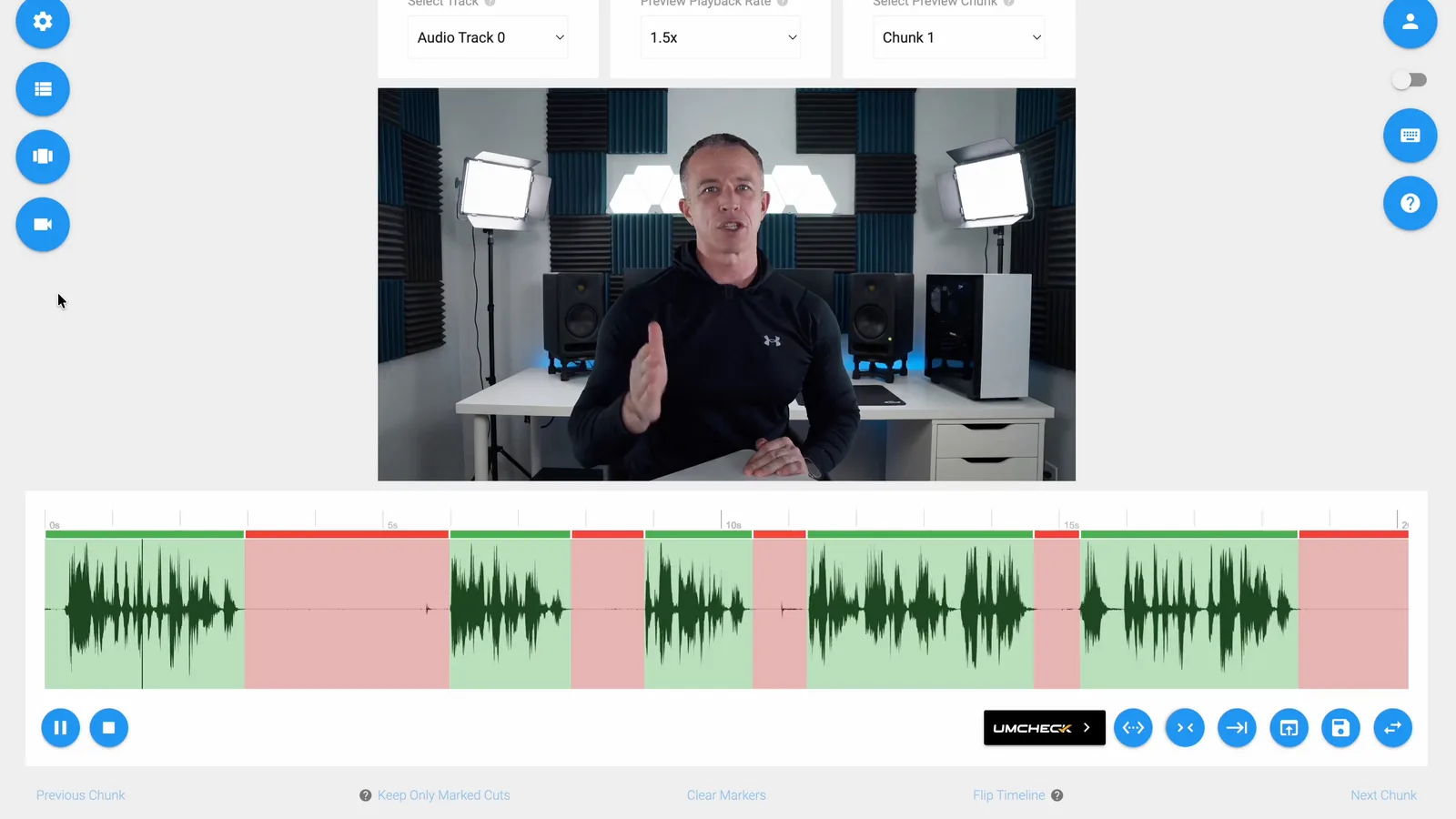 TimeBolt editing a real talking-head recording and its waveform