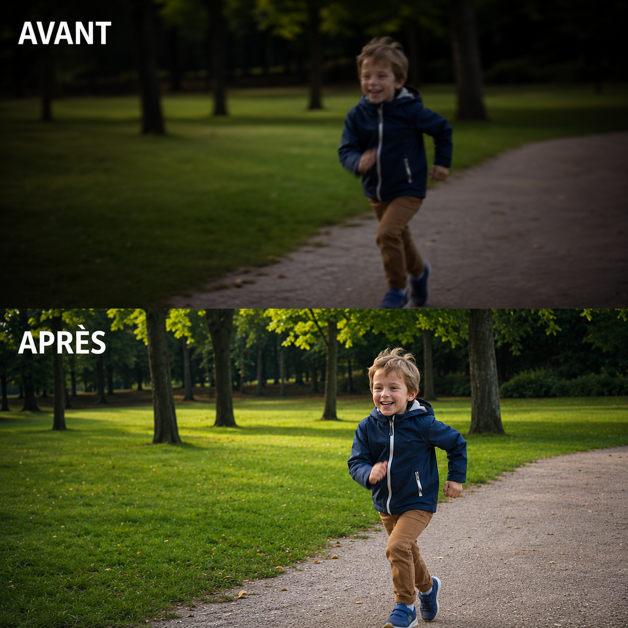 Avant et après : enfant qui court dans un parc