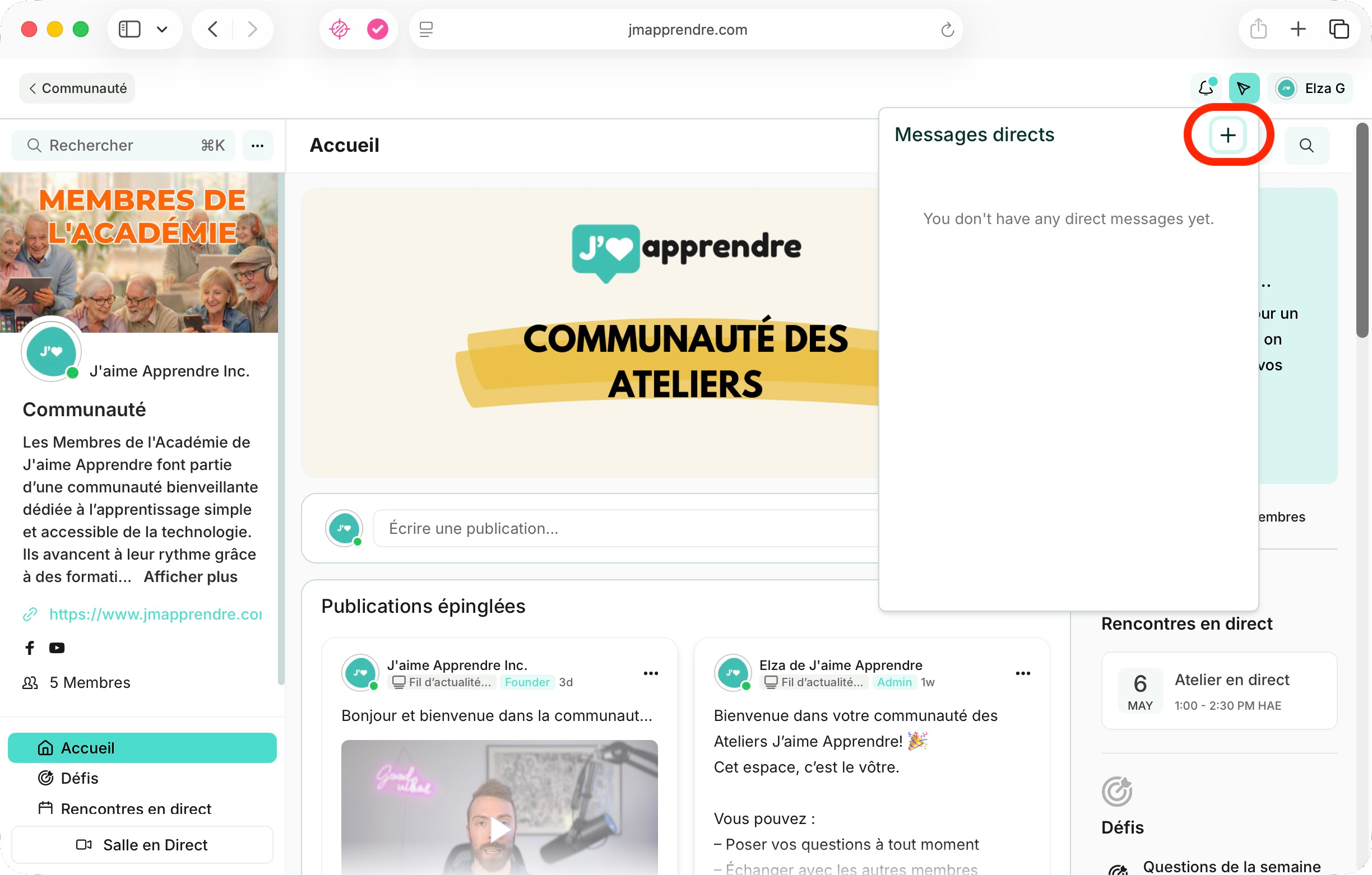 Bouton + pour nouveau message