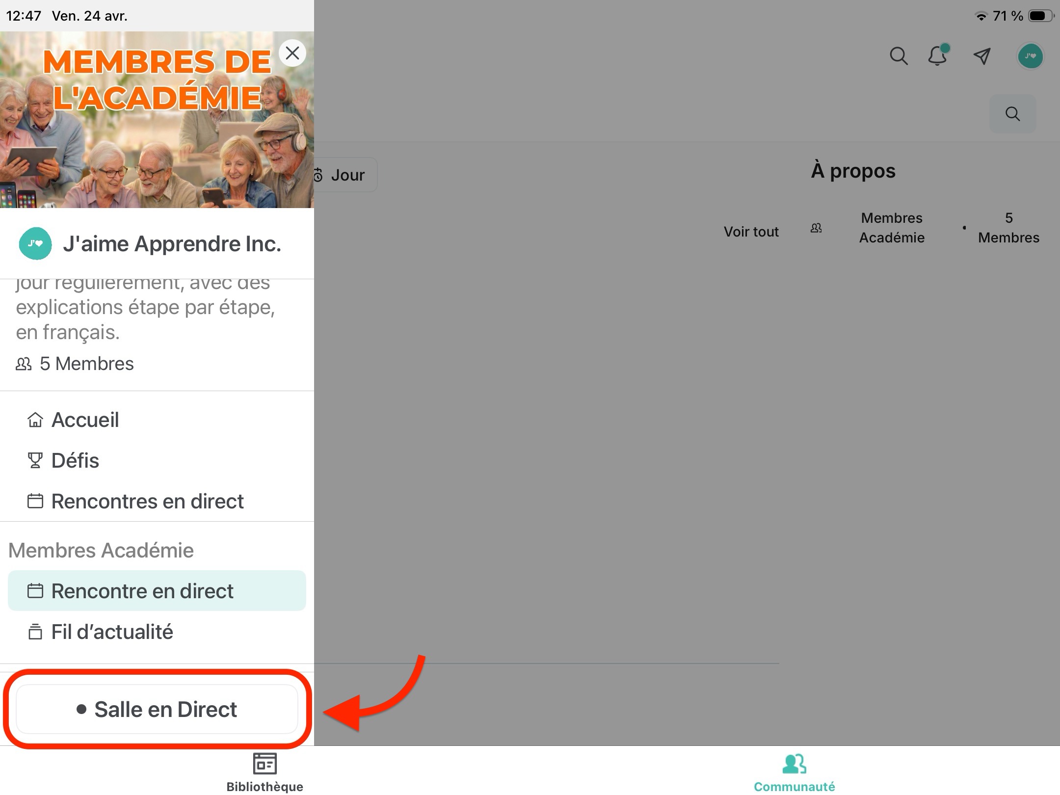 Salle en direct (app)
