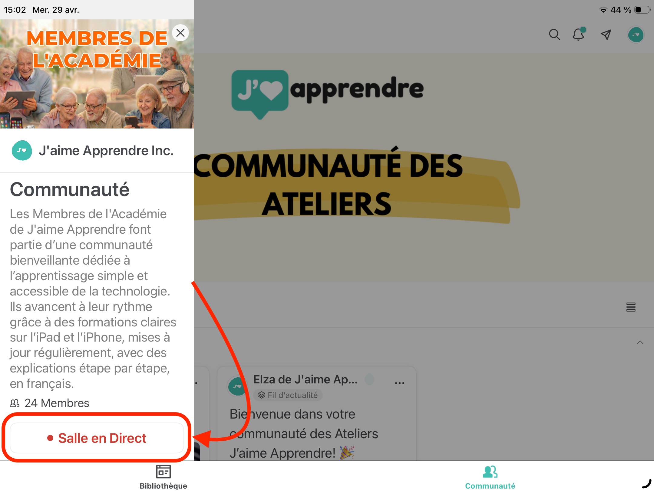 Bouton Salle en direct dans l'application
