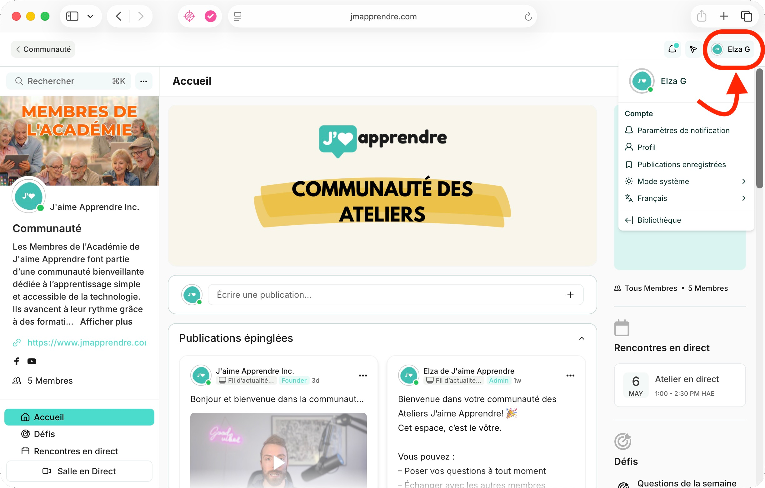 Menu du profil