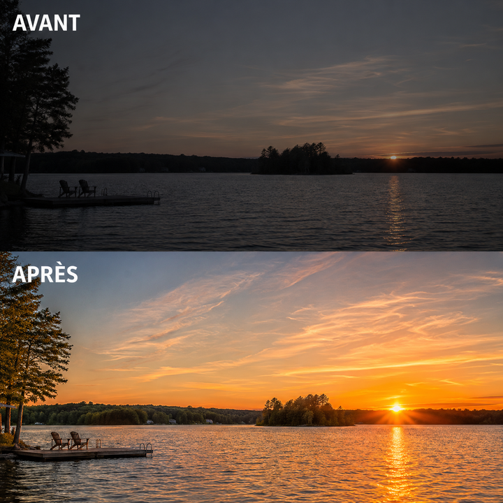 Avant et après : coucher de soleil sur un lac
