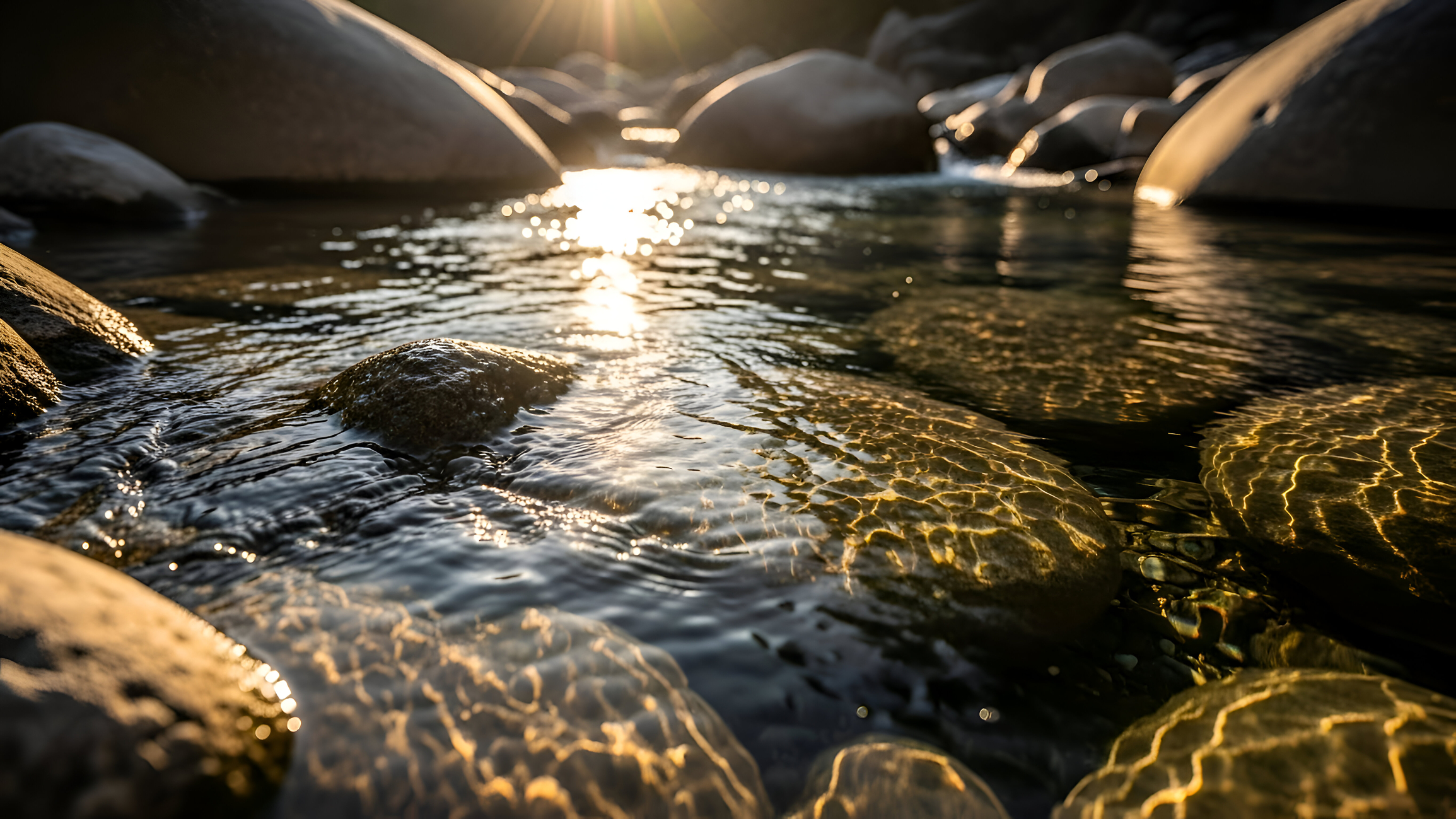 Golden light on river stones and water