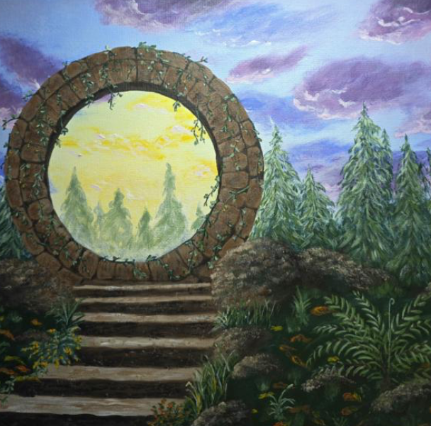 Felicia's painting titled 'Portal,' made by combining three reference photos into one original scene, without following a step-by-step tutorial.