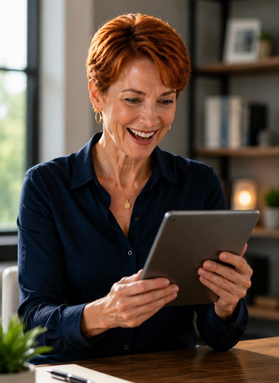 Senior female leader reviewing assessment on tablet in office