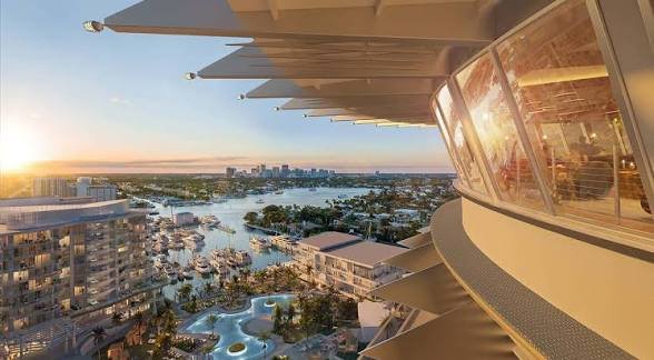 Sunset view over the Pier Sixty-Six marina, pool and Fort Lauderdale skyline from the tower