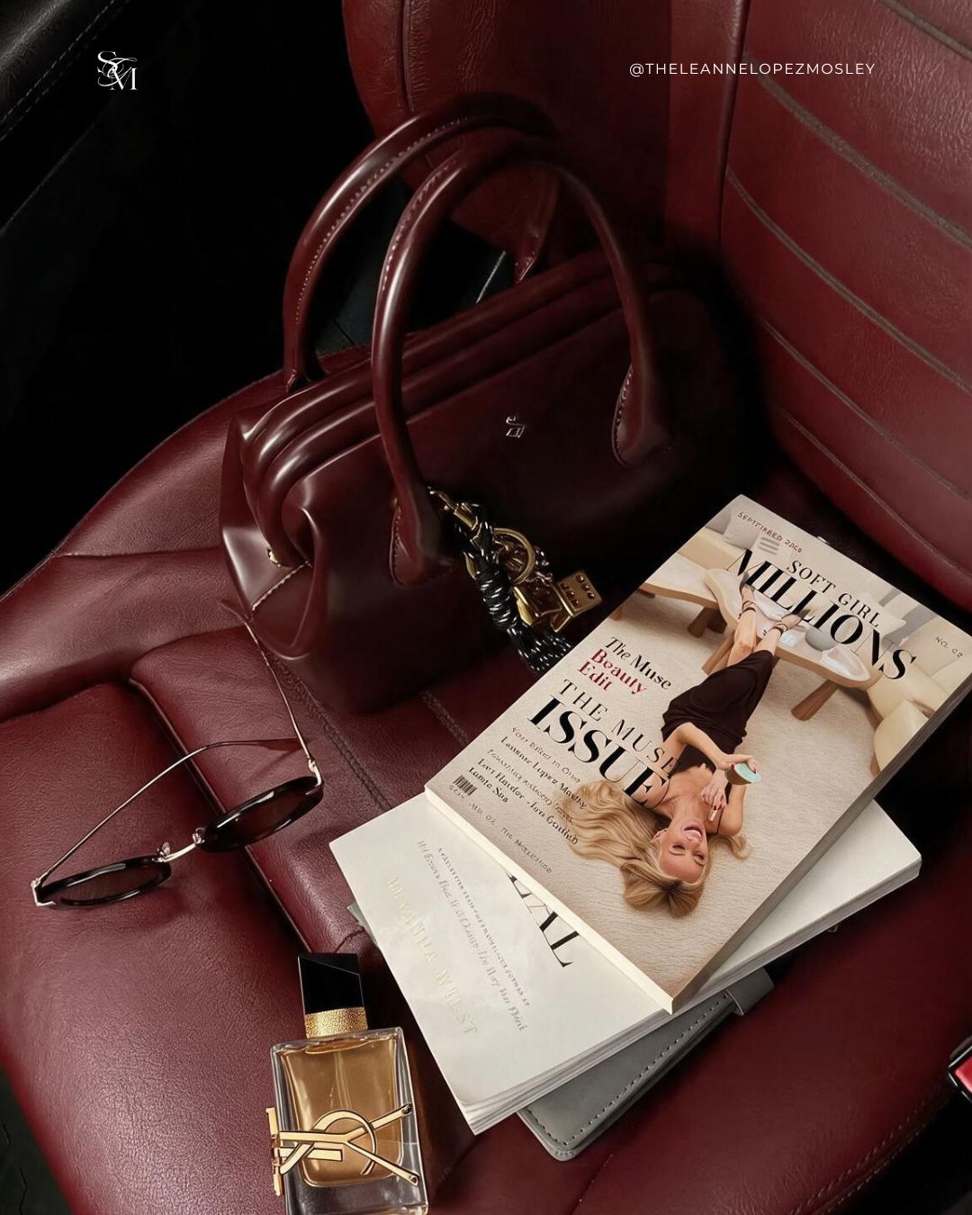 SGM The Magazine on a leather car seat