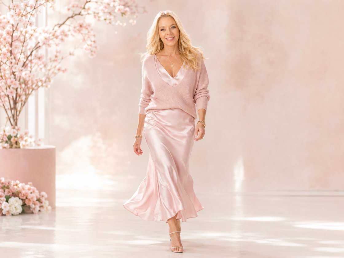 Debra walking forward in soft pink