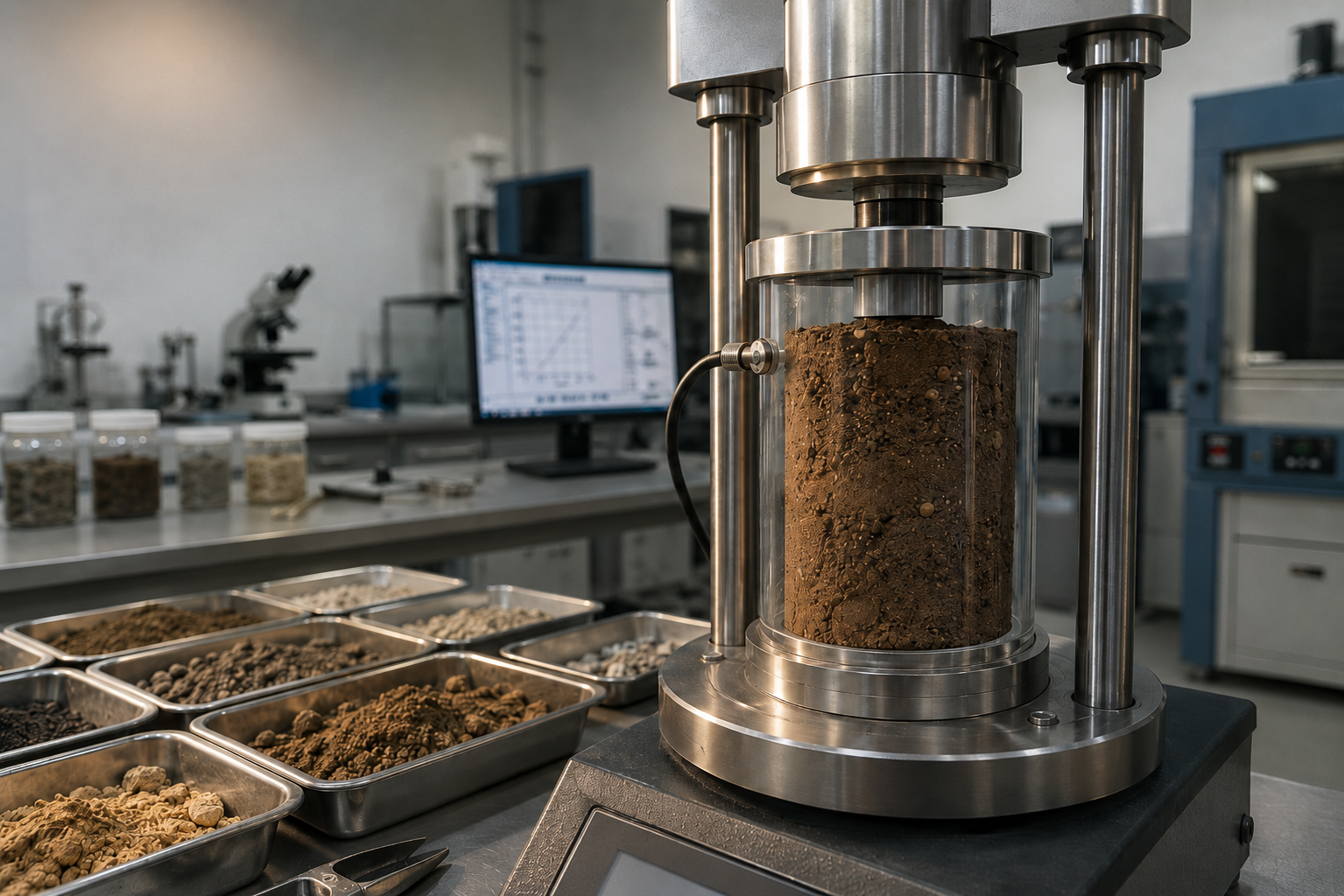 Máquina de ensayo de laboratorio con muestra cilíndrica de suelo y bandejas de materiales en primer plano.