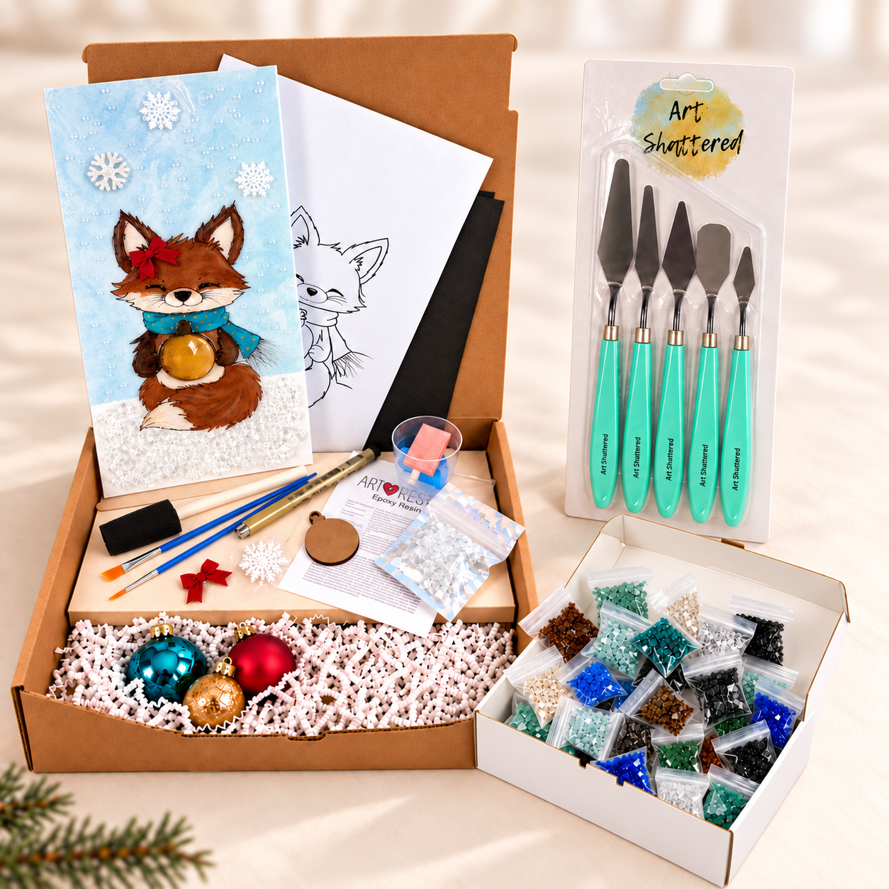 Christmas Fox kit with tutorial, glass color sample pack and palette knife set
