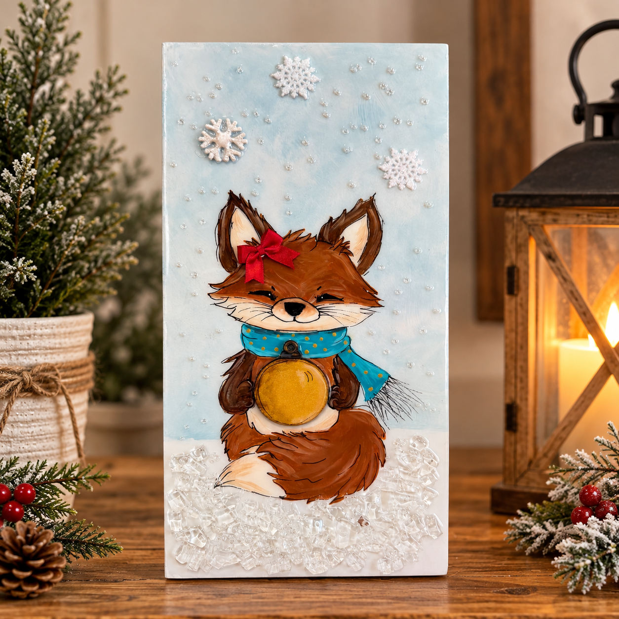 Finished Christmas Fox glass art piece holding a gold ornament