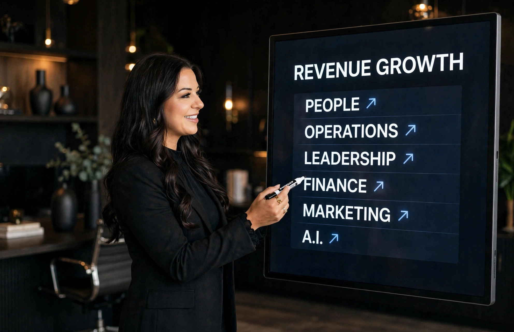 Dr. Elise Rigney presenting revenue growth pillars on a smart board