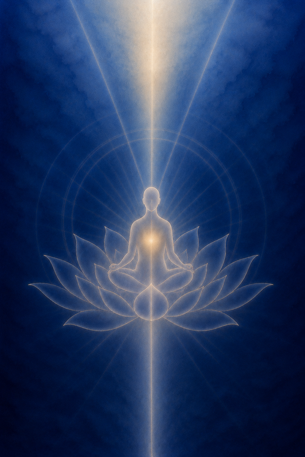 Awake: a seated figure in light, on a lotus