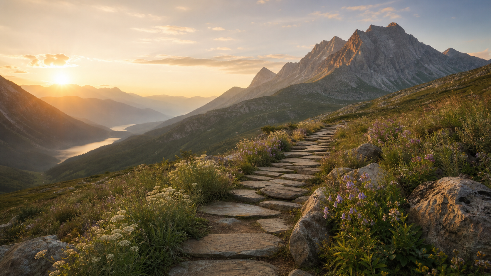Mountain path at sunrise