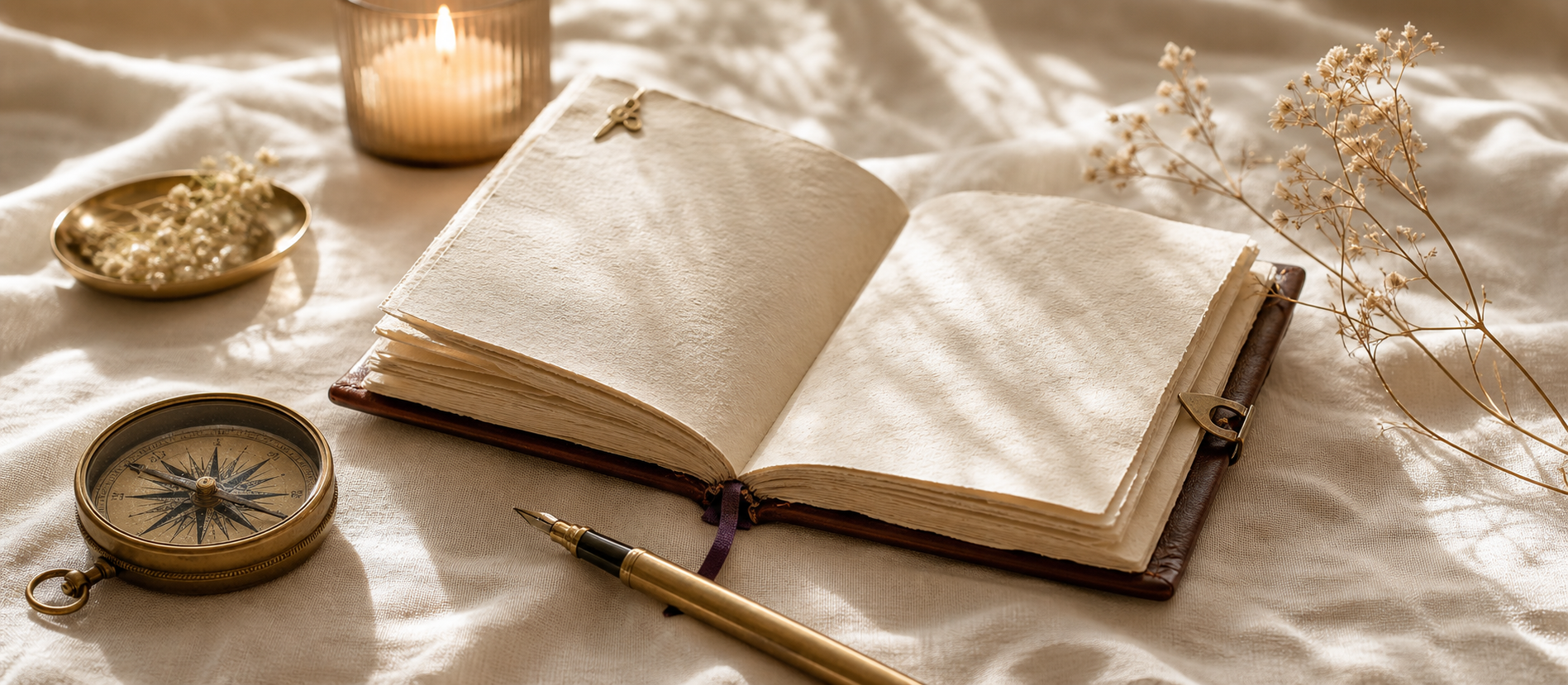 Open handmade journal, antique compass, and candlelight arranged for reflection
