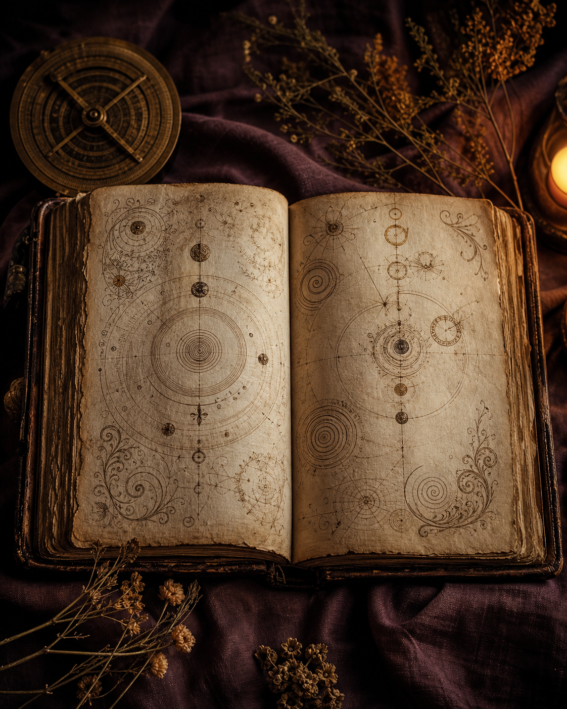 Antique open book with hand-drawn celestial diagrams and spiral motifs