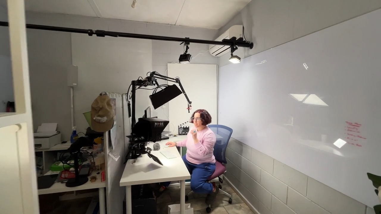 A Desktop Studio fitted into a small room with a whiteboard