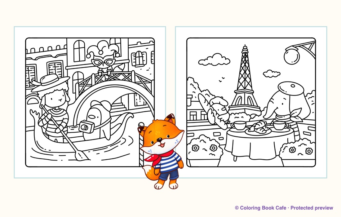 Protected preview of Comfy Travels Venice and Paris coloring pages