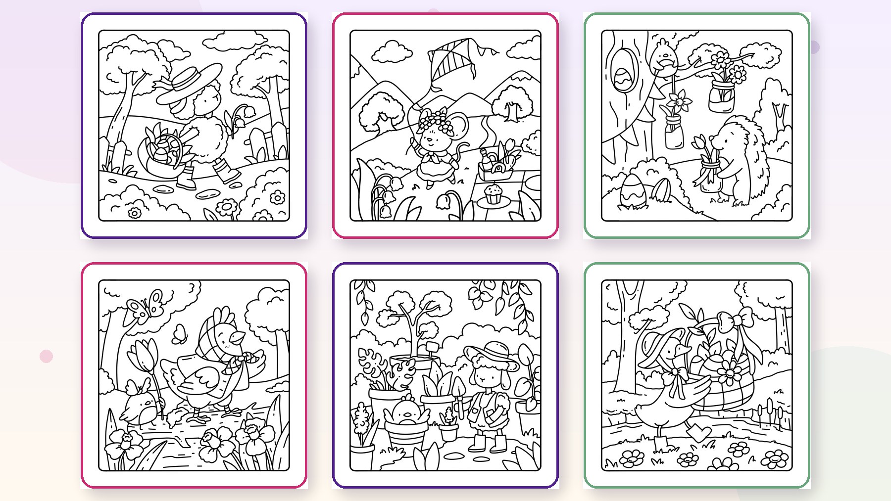 Six Meadow Friends ink page previews