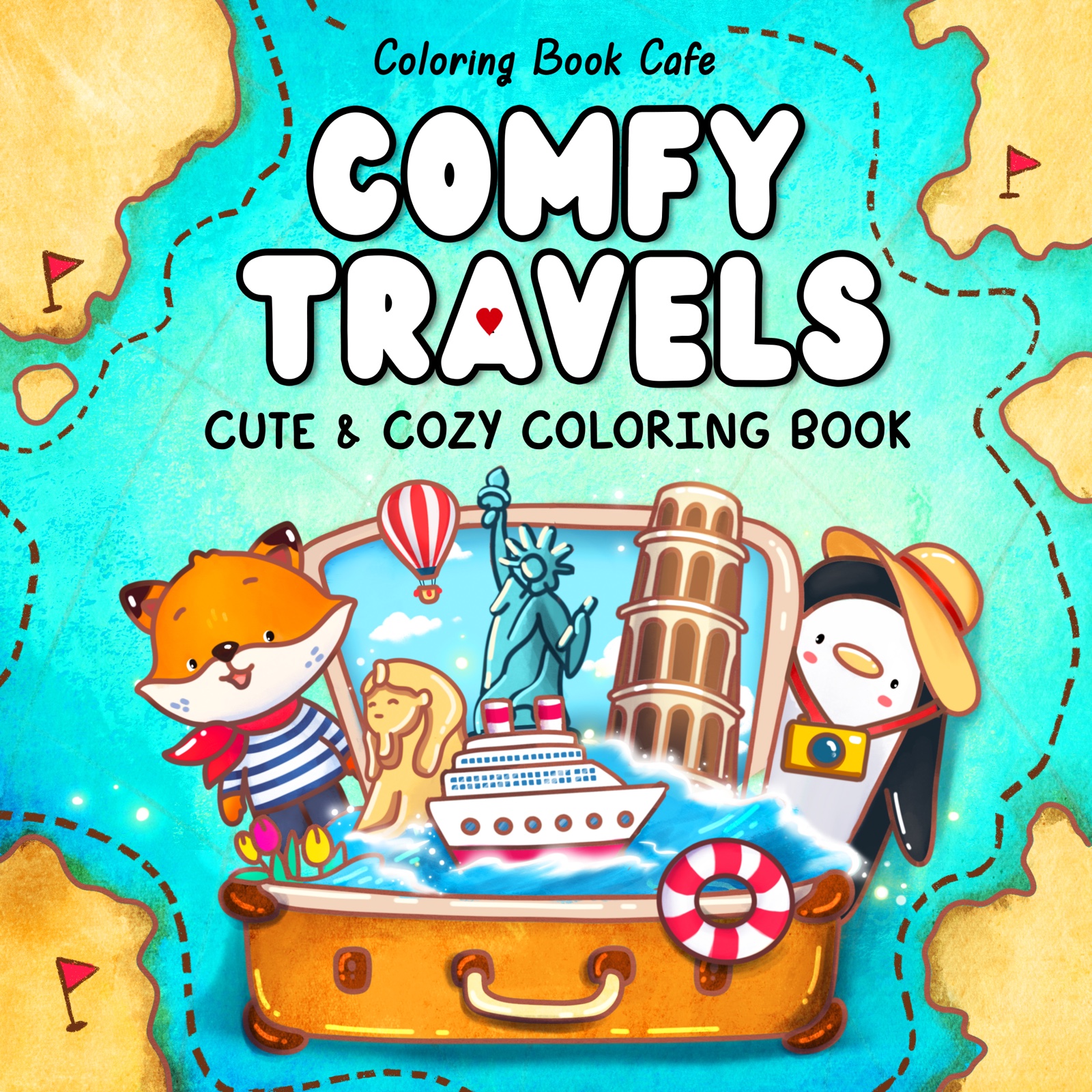 Comfy Travels cute and cozy coloring book cover