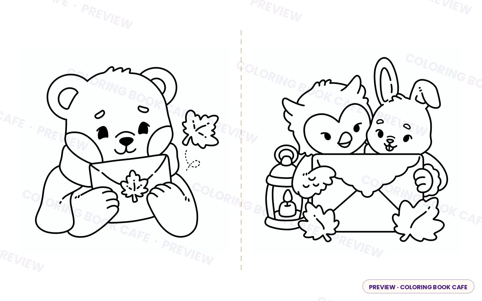 Preview of Autumn Mail Club coloring pages — a bear hugging a maple-leaf letter, and an owl and bunny behind a big autumn envelope