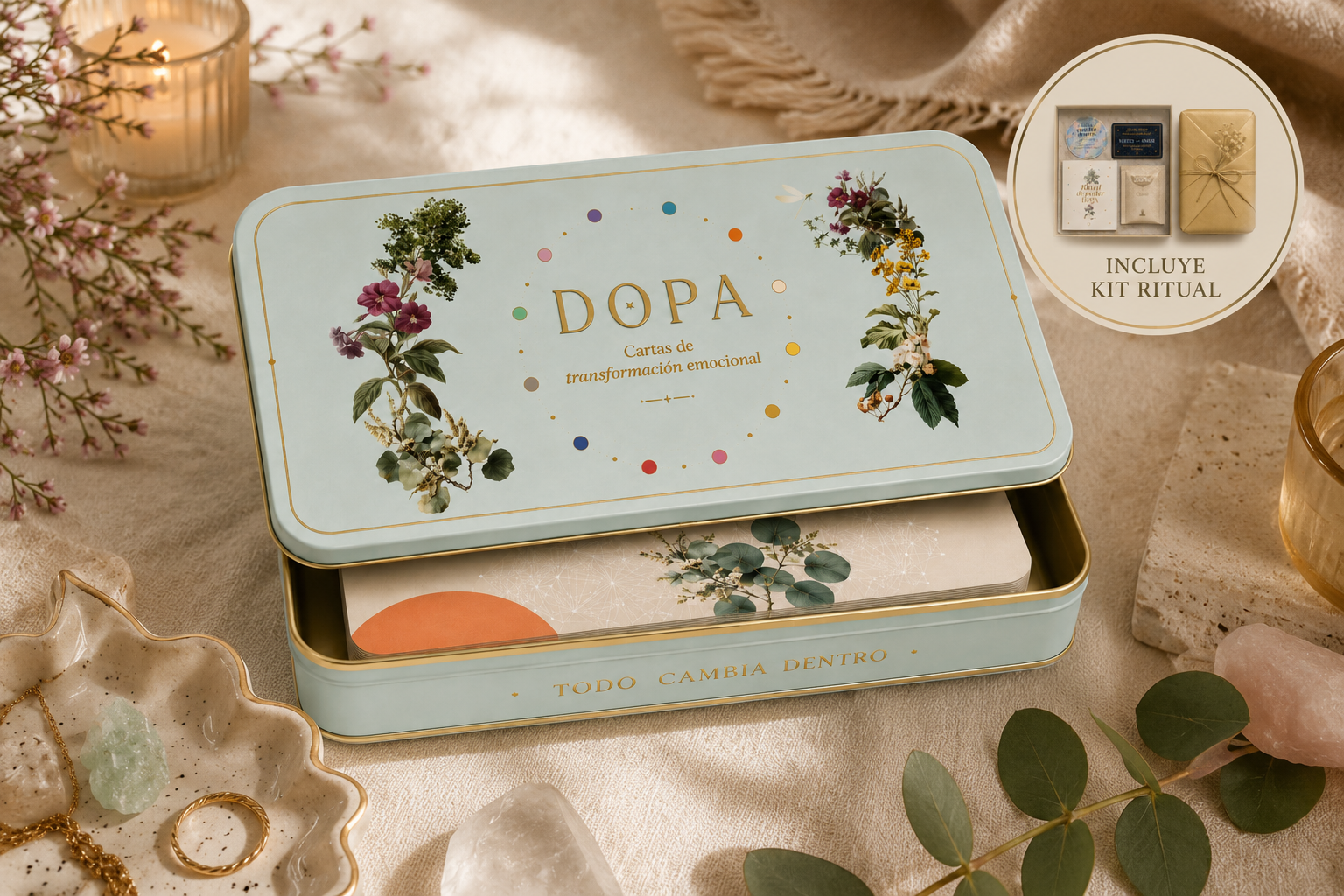 Cartas DOPA en un ambiente ritual cálido