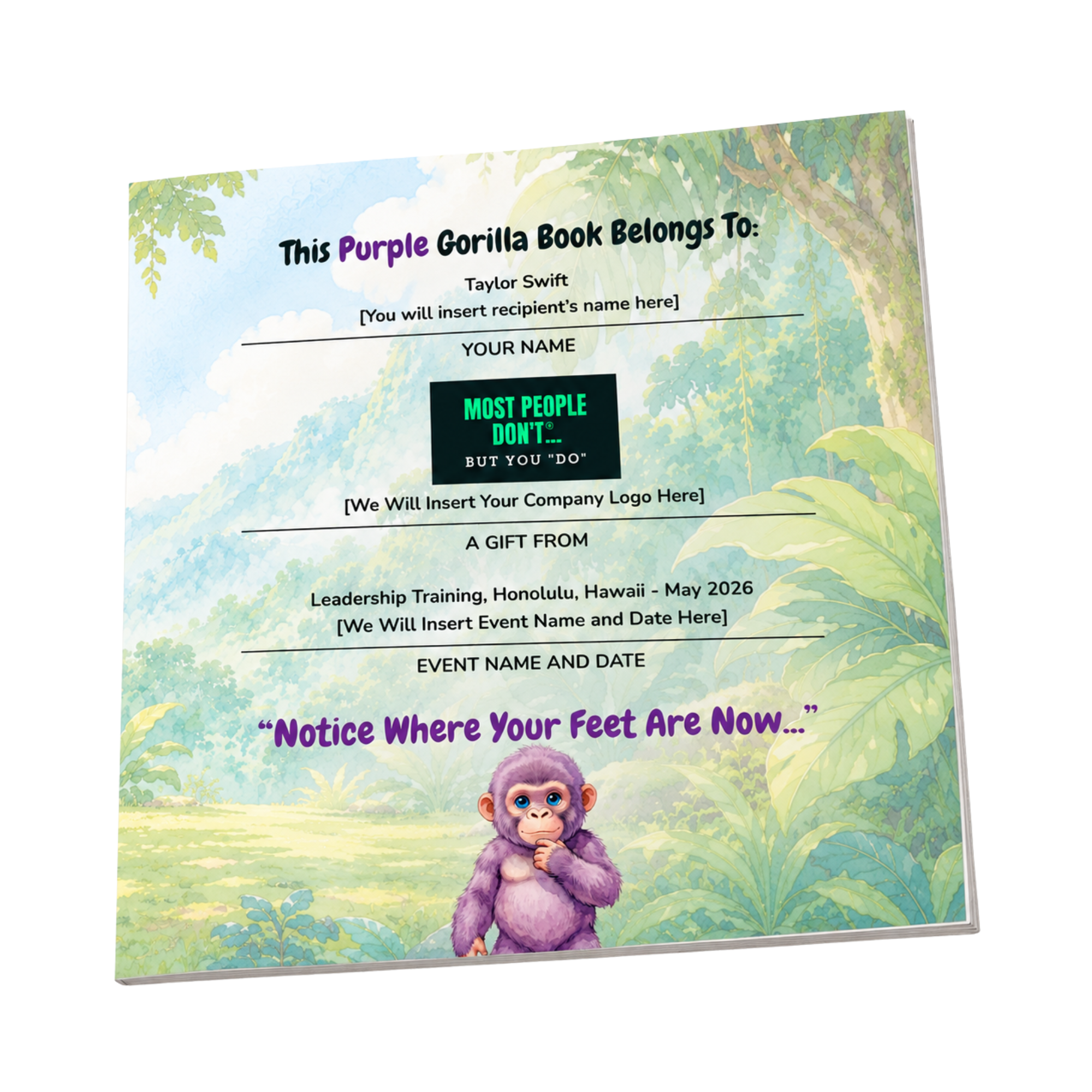 The A Gift From page, custom printed with your company name, logo and event date