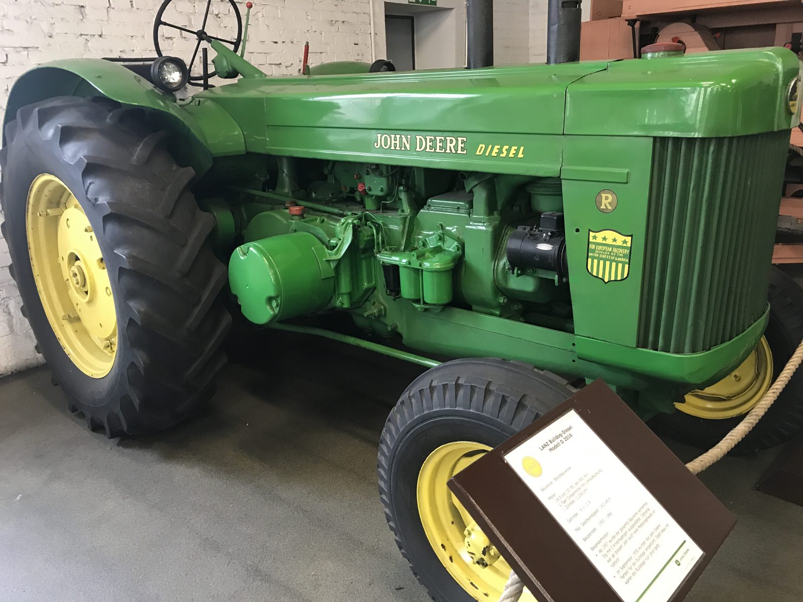 A vintage John Deere Model R diesel tractor.