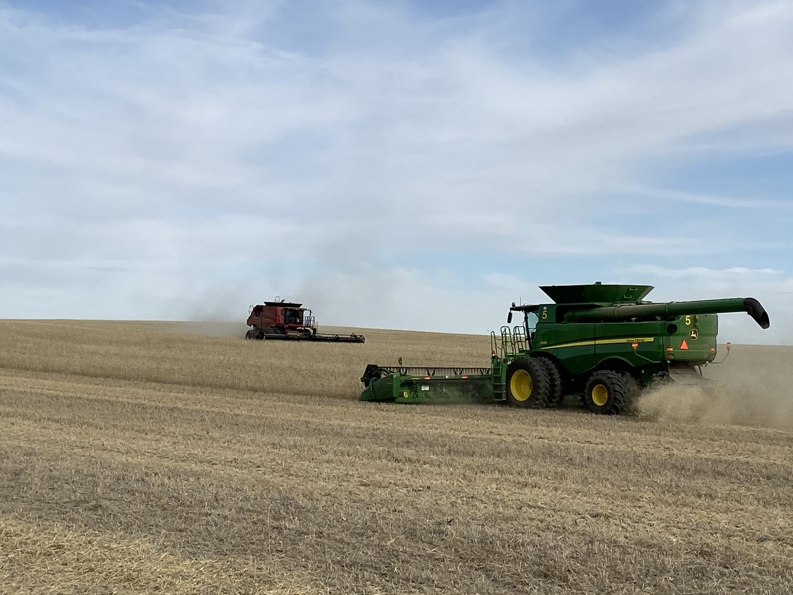 Green and red combines working in a harvest field.