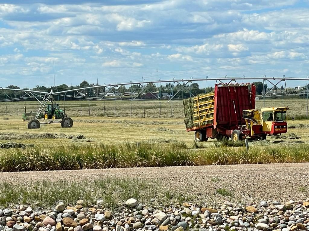 A New Holland bale wagon in a field near pivot irrigation.