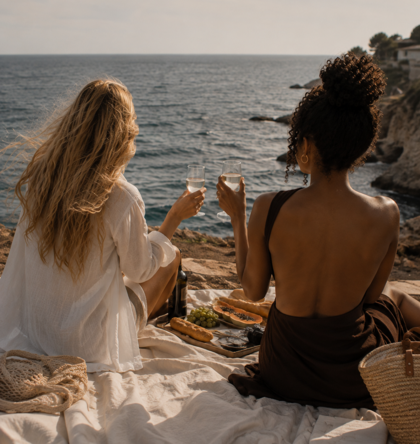 Two women toasting with wine by the sea