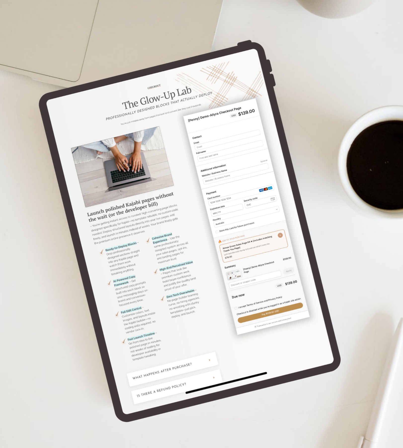 A tablet showing a Glow-Up Lab checkout page