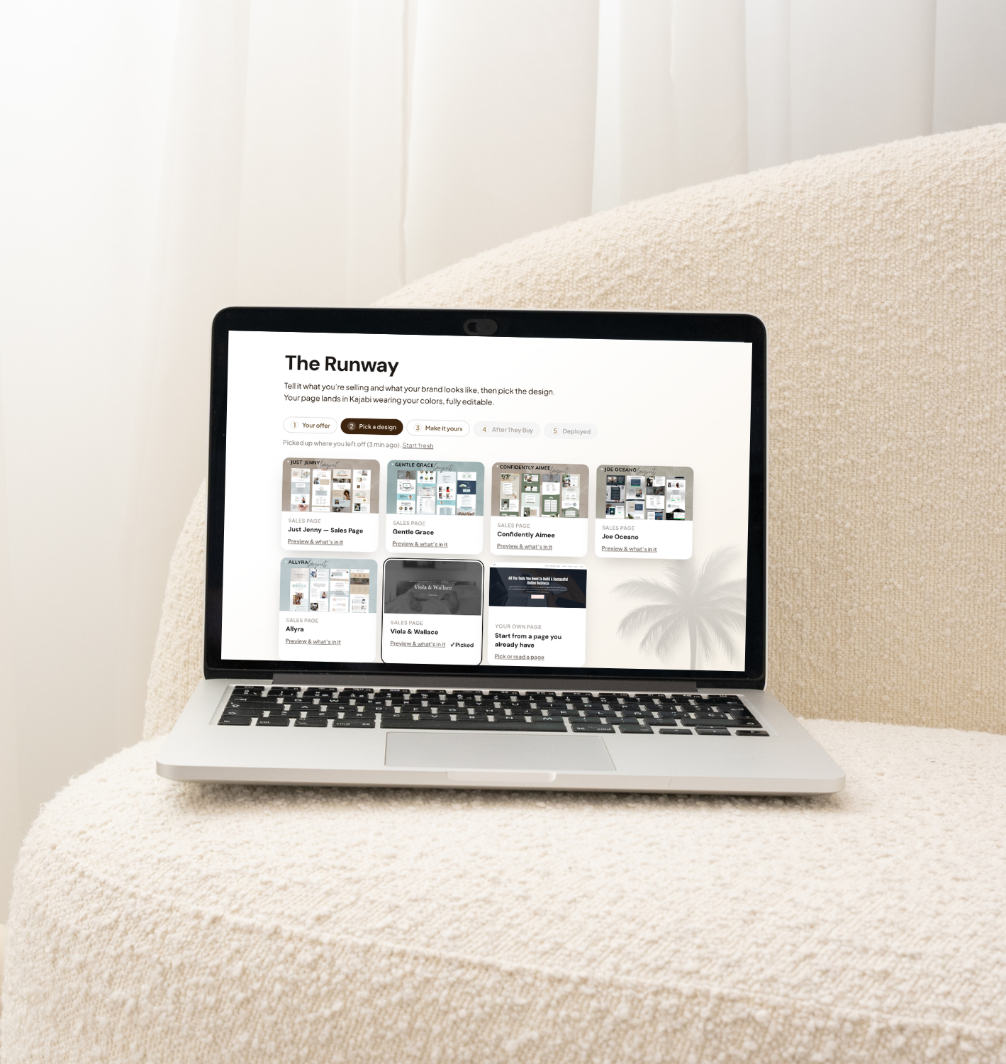 A laptop showing the six sales page designs in The Runway