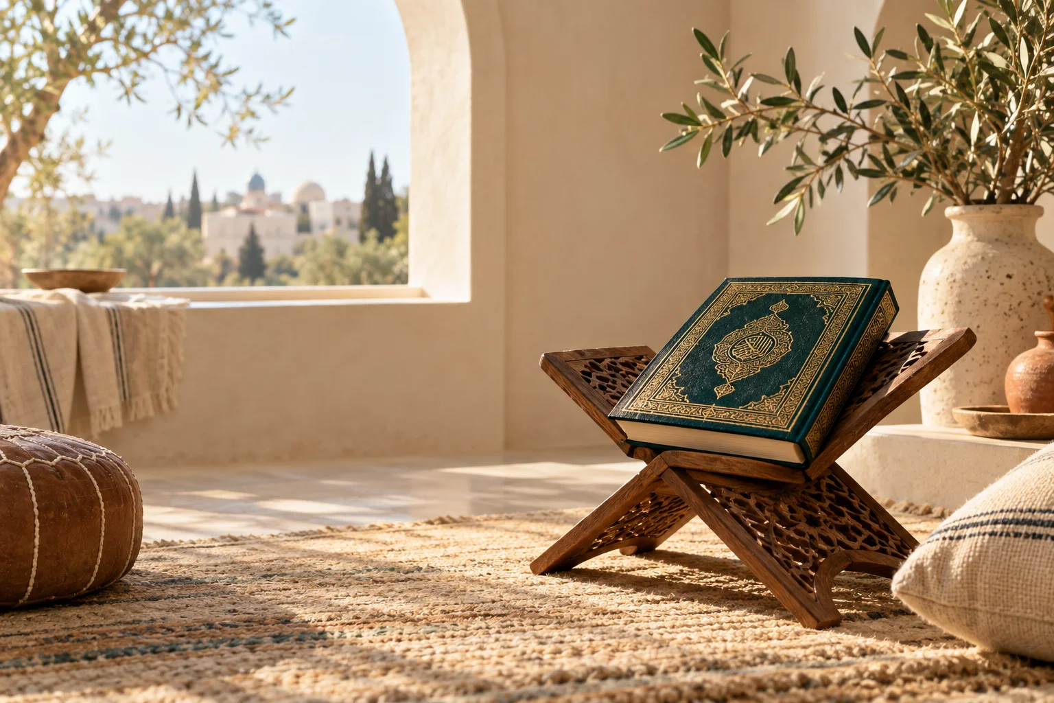 A Qur’an on a wooden stand beside olive branches in a softly sunlit room