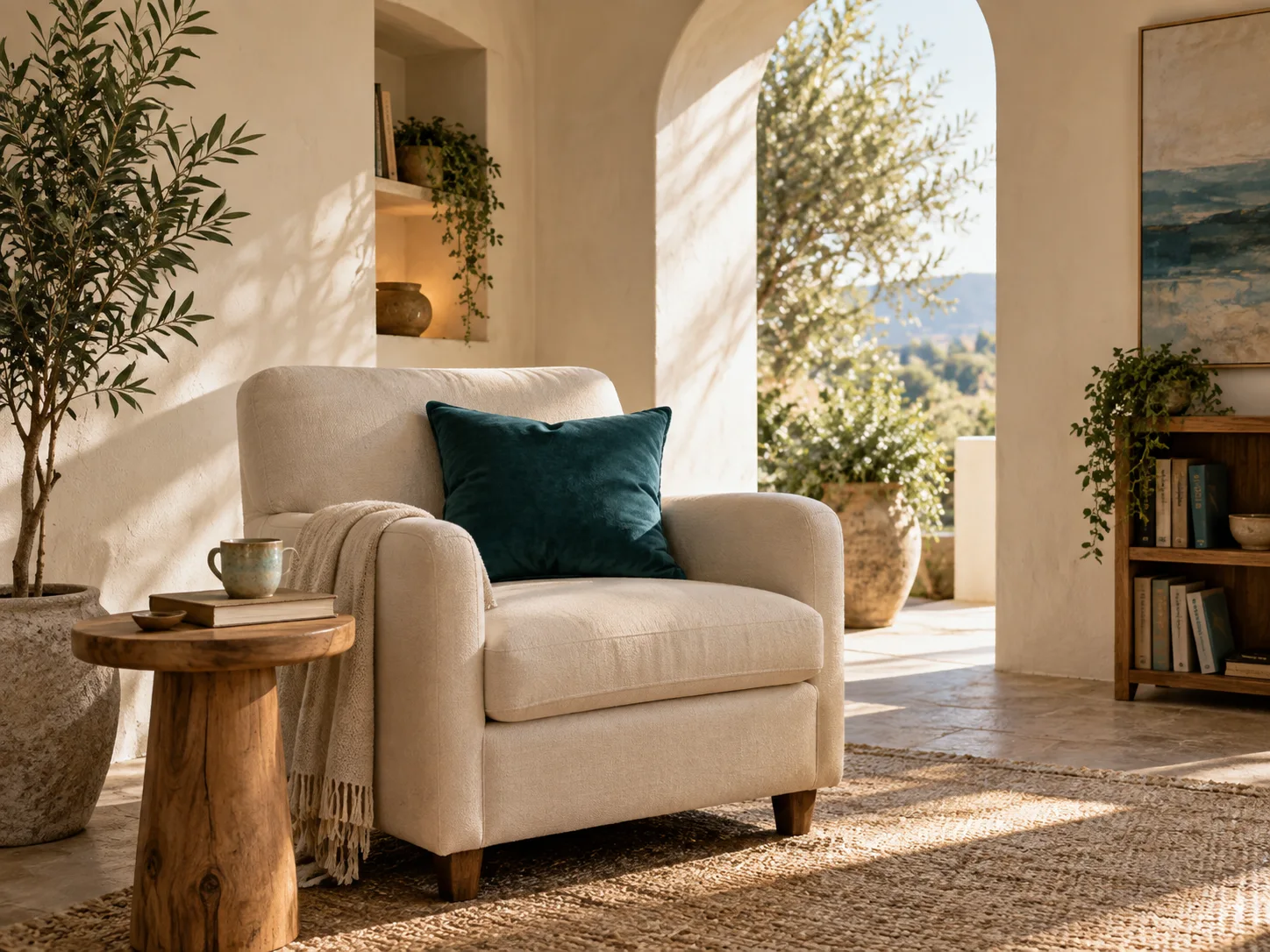 A quiet reading space with a comfortable chair, greenery and natural light