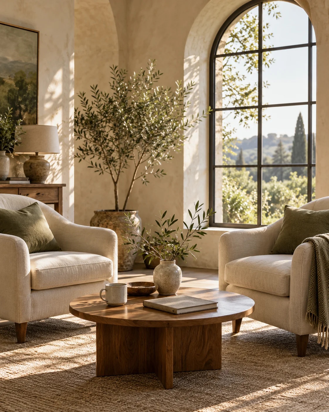 Two comfortable chairs facing one another in a warmly lit, plant-filled room