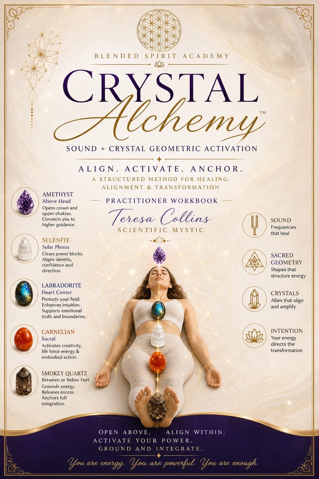 Crystal Alchemy practitioner workbook with sacred geometry and crystal placement