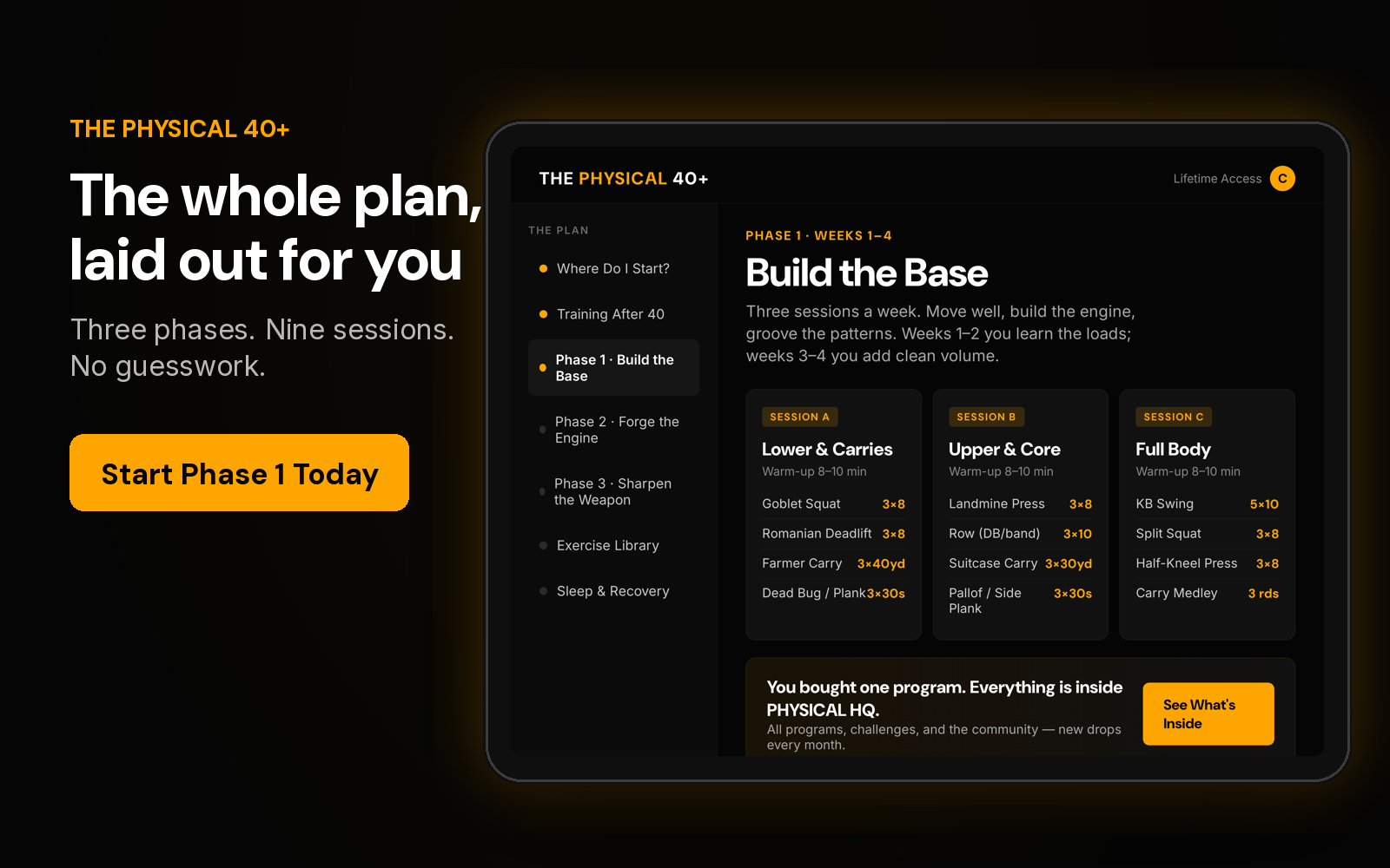 The PHYSICAL 40+ plan laid out on a tablet