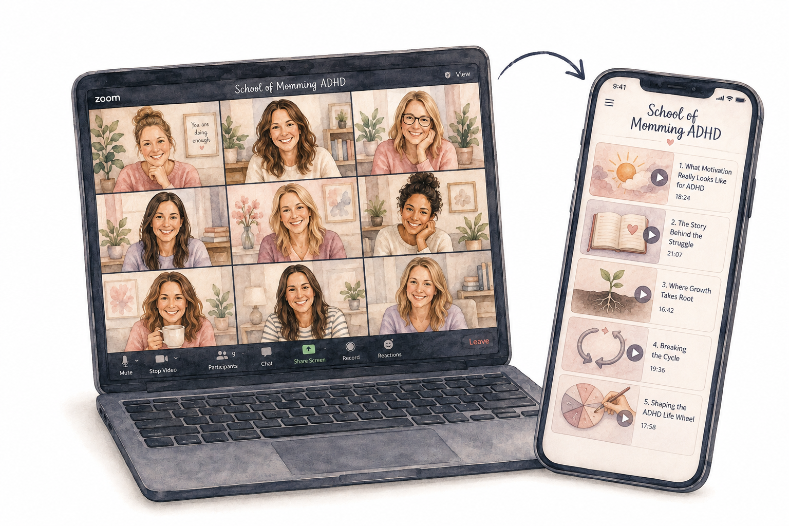 A laptop showing a School of Momming ADHD lab with nine parents on screen, and a phone showing the SOMA video library.