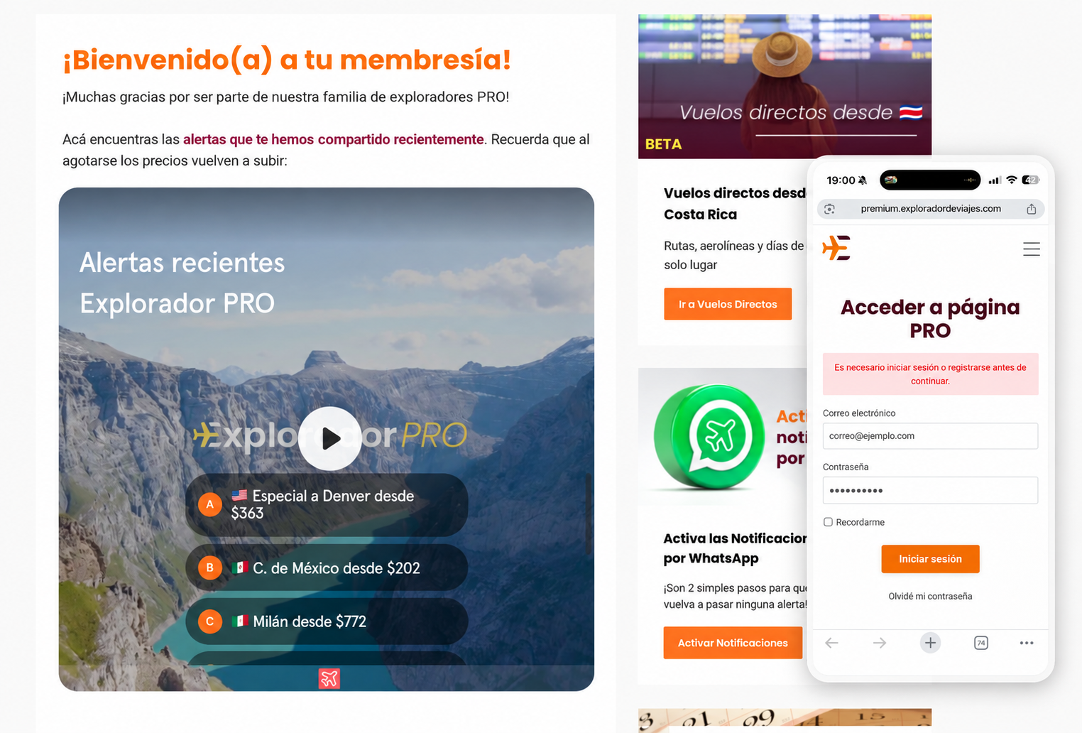 Vista de la página PRO y acceso con usuario y contraseña