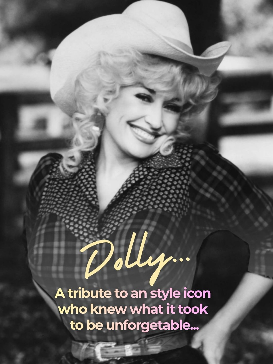 Dolly Parton in a plaid shirt and white cowboy hat &mdash; 'Dolly... A tribute to a style icon who knew what it took to be unforgettable'