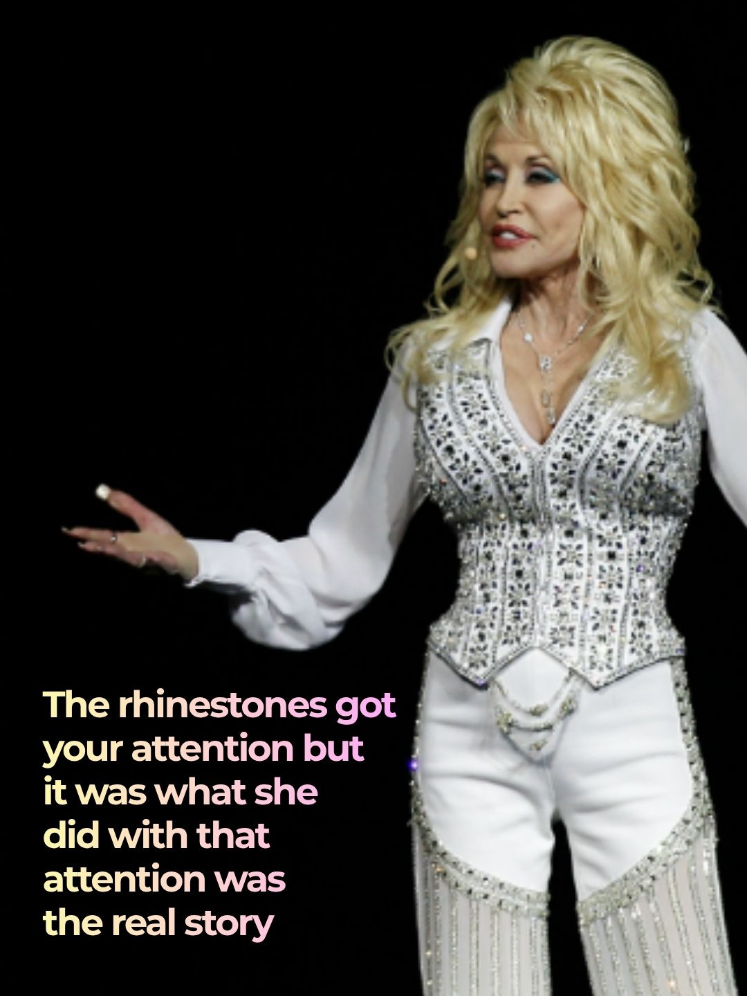 Dolly Parton in a red sequined dress with the quote &mdash; 'It costs a lot of money to look this cheap.' &mdash; Dolly