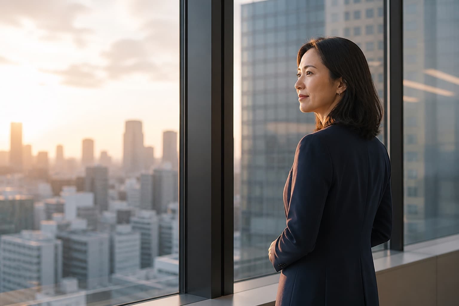 朝の光の中、未来の選択を見つめるキャリア女性